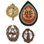 4 woman’s services cap badges: WWI WAAC officer’s bronzed, with blades, and Women’s Legion bronzed