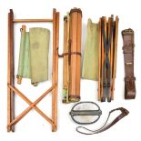 A Sam Browne belt and crossstrap; a 2 part alloy camping mess tin; a wood and canvas 2 part