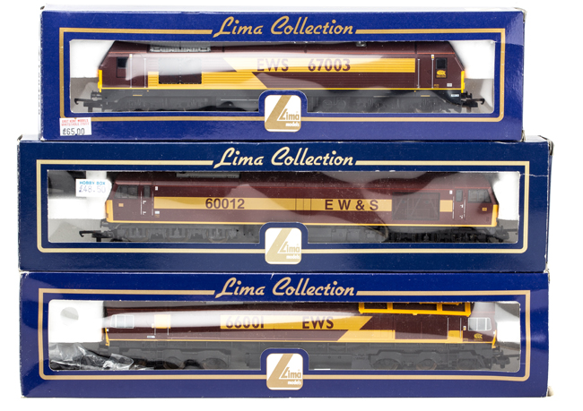 3 Lima OO EWS diesel-electric locomotives. Class 60 Co-Co 60012, class 66 Co-Co 66001 and a class 67