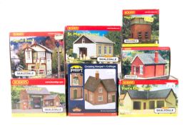 A quantity of Hornby Skaledale lineside buildings and accessories. Farm Outhouse R8783. Signal Box