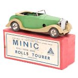 A rare late 1930’s tinplate Minic Scale Model Series clockwork Rolls Tourer (35M). In light green