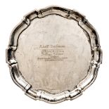 A presentation silver tray, with gadrooned border and 835 purity mark. Engraved “Adolf Bachmann