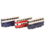 3 Johillco Diecast tramcars. 2 in dark blue and cream and one in red and cream, all complete with