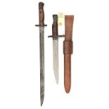 A good Canadian M1910 bayonet for the Ross Rifle, sharpened blade, in its leather scabbard with