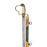 An early 19th century continental naval officer’s sword, curved, fullered and watered blade 30½”,