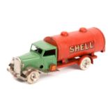An early, pre WW11 Tri-ang Minic tinplate clockwork Petrol Tanker 15M. Green cab with plated