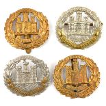 4 Northants Regt cap badges: 1st castle bi metal with lugs and all brass with slide, 2nd castle lugs