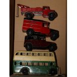 10 Dinky Toys. 5x 25 series all with black wheels; a Covered Wagon in blue with a dark grey tilt,