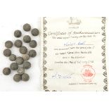 19 lead musket balls, with certificate of authentication for one musket ball recovered from the