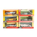6 1970’s Solido racing cars. Lola T280 No.15 in yellow RN7. Gulf Mirage No.17 in light blue/orange