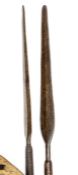 2 Zulu stabbing spears c 1870, one with fibre binding below the blade and swollen end to the haft,