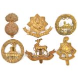 6 WWI all brass cap badges: R Warwicks, Cheshire, RWF, SWB and similar smaller size with lugs, R