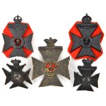 5 KRRC cap badges: blackened large and small Vic with battle honours, small Vic without honours,