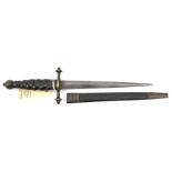 An assembled stiletto, tapered blade 8”, brass crossguard, wirebound leather covered writhen grip,