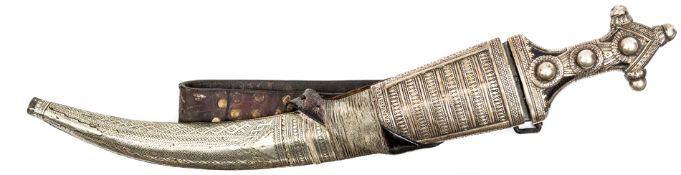 A Wahabite jambiya, flat blade 16½”, with slender decorated panel at forte, darkwood hilt overlaid