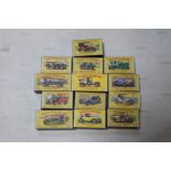 13 Matchbox Models of Yesteryear in 1960/61 3rd type boxes. Y1 Model T Ford, Y3 Benz, Y4 Opel, Y6