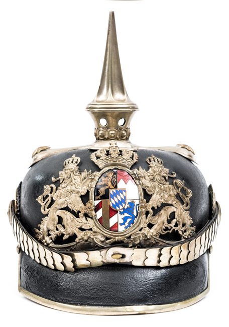 An Imperial German Bavarian General’s pickelhaube, the plate of frosted silver with enamelled