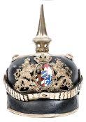 An Imperial German Bavarian General’s pickelhaube, the plate of frosted silver with enamelled