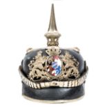 An Imperial German Bavarian General’s pickelhaube, the plate of frosted silver with enamelled