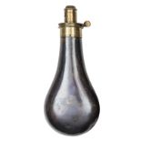 A black lacquered copper powder flask, “G W Ingram Patent” brass top, with concealed spring,