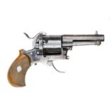 A Belgian 6 shot 7mm DA open frame pinfire revolver, 6” overall, octagonal barrel 2¾”, Liege proved;