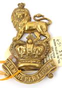 A Vic brass valise slide of The R Marines, lion on crown and motto scroll “Per Mare per Terram”. GC