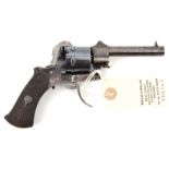 A 6 shot 7mm open frame DA pinfire revolver, 6½” overall, round barrel 3¼”, with B’ham proofs,