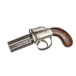 A 6 shot 160 bore self cocking bar hammer percussion pepperbox revolver, 7” overall, barrels 2¾”
