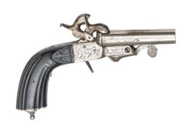 A Continental DB 11mm boxlock pinfire pistol, 7¼” overall, tip down barrels 3¼”, numbered 13 on