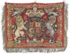 An Edward VII embroidered State Trumpet banner, crimson damask richly embroidered on one side with
