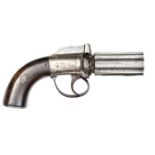 A Birmingham made 6 shot 120 bore self cocking bar hammer percussion pepperbox revolver, 8” overall,
