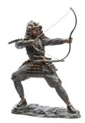 A Japanese bronzed figure of a Samurai archer, in full armour, with katana and wakizashi at waist,