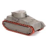 An early Dinky Toys tank. An example in light grey with red rubber tracks. Complete. GC-VGC tracks