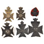 6 KRRC cap badges, blackened large and small (blacking worn) Vic with battle honours, standard Vic