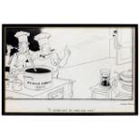 3 original black and white cartoons: Churchill and Roosevelt as cooks with a pan of “Second Front