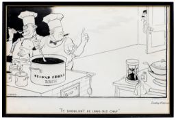 3 original black and white cartoons: Churchill and Roosevelt as cooks with a pan of “Second Front