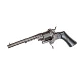 A Belgian 6 shot 9mm open frame DA pinfire revolver, 10” overall, round barrel 6¼” stamped at the
