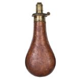 A brown leather covered powder flask, “Patent” spring, brass top, retaining a little original