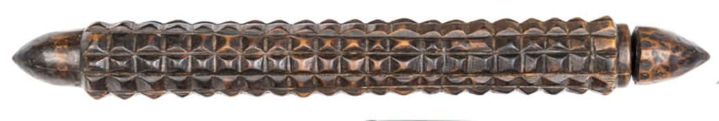 A 19th century Zulu wooden snuff container, shaped like a corn cob, the length decorated with