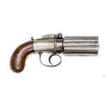 A good quality 6 shot 60 bore self cocking bar hammer percussion pepperbox revolver, 8” overall,