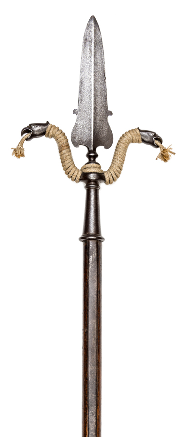 An 18th century artillery gunner’s linstock, shallow diamond section blade 9”, twin side branches