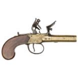 A 56 bore brass barrelled and brass framed flintlock boxlock pocket pistol, c 1790, 6¾” overall,