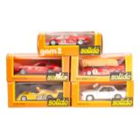 5 1970’s Solido sports/racing cars. Ferrari Daytona No18 in red with racing decals RN54. BMW 3.