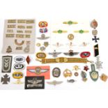 A quantity of mostly foreign metal insignia; 14 British metal shoulder titles; a pair of WWII RAF ID