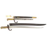 A model 1866 Chassepot bayonet, in its scabbard, GC; another brass hilted sword bayonet in