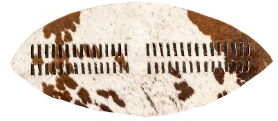 A Zulu warrior’s shield, length 51” of brown and white cowhide, with its carved wood stick. GC