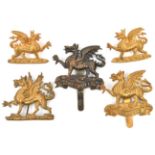 3 Buffs Regt cap badges: puggaree, c 1900, as for cap but without title scroll (pin replaced),