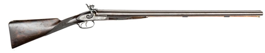 A double barrelled 12 bore percussion sporting gun, 46” overall, twist barrels 30”, top rib engraved