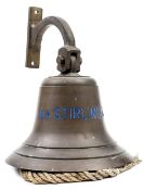 A 20th century ship’s bell of M.V. Stirling Ash, blue enamelled lettering, with clapper and cord,