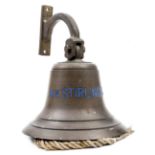 A 20th century ship’s bell of M.V. Stirling Ash, blue enamelled lettering, with clapper and cord,